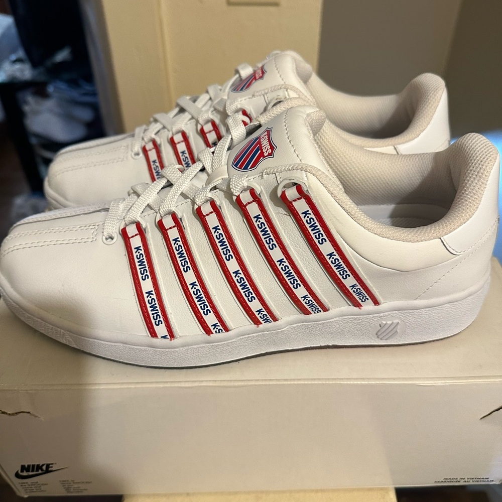 K-Swiss Classic White Sneakers with Red Stripes. No box